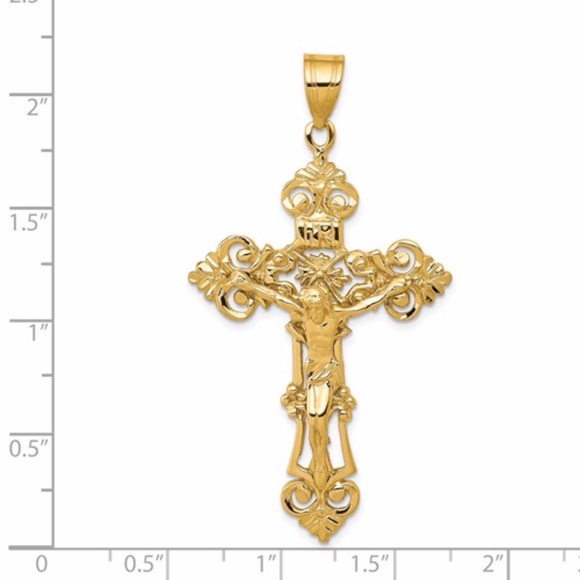 14k INRI Fleur De Lis Crucifix Pendant - Picture 3 of 3